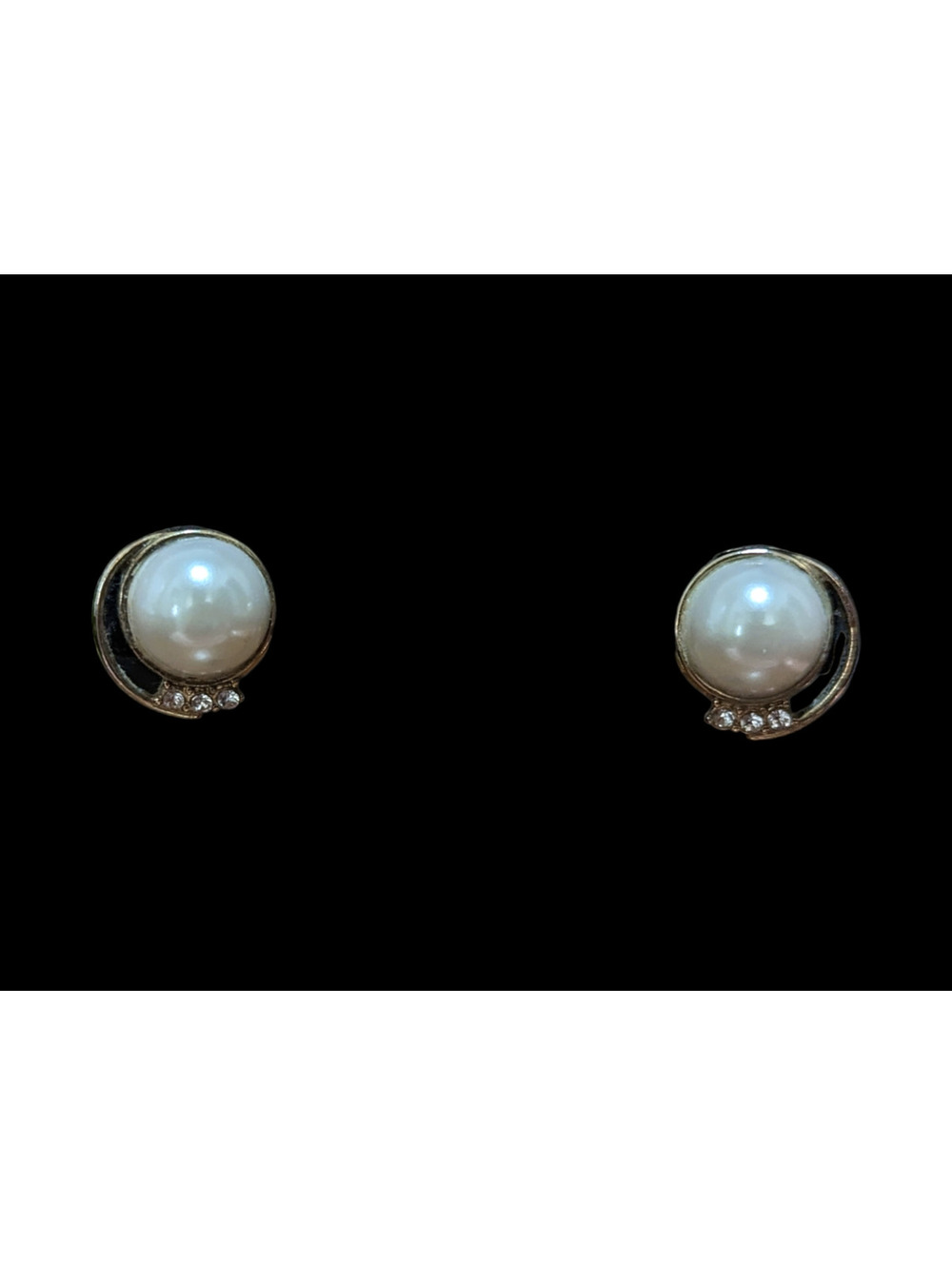 Vintage Half Moon Pearl and Crystal Rhinestone Clip On Earrings